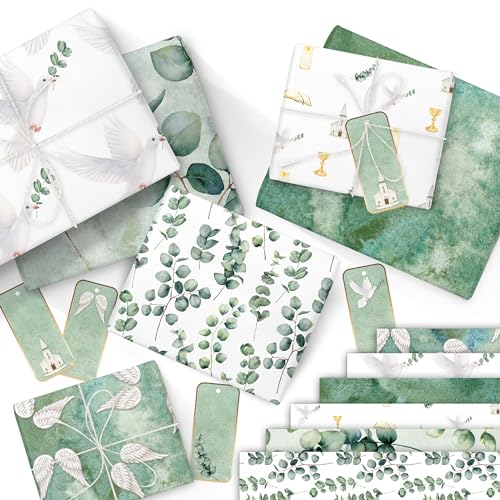 Papierdrachen 6 Bögen Geschenkpapier | 60x40cm - 6 verschiedene Designs hochwertig auf 80g/m² Papier - Eukalyptus- Geschenkverpackung zur Taufe, Kommunion, Konfirmation - mit 12 Etiketten - Set 1