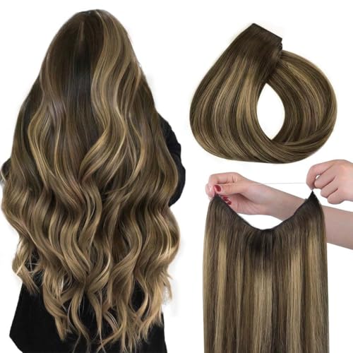 hotbanana Secret Hair Extensions Echthaar, 40cm 95g Remy Haarverlängerung mit Draht Invisible Secret Draht Extensions Echthaar Fish Line Haarverlängerungen Schokoladenbraun gemischtes Karamellblond
