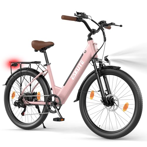ESKUTE C100 Plus E-Bike, 26 Zoll Elektrofahrrad, E-Cityrad 250W HeckMotor, 36V 13Ah Wechselakku,bis zu 100km, LCD-Display, Tiefeinsteiger E-CityBike Für Damen und Herren Erwachsene, Rosa