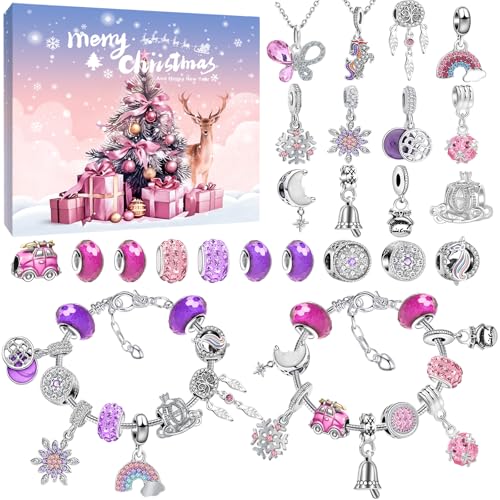 Adventskalender 2025 für Mädchen - 24 Füllung Adventskalender Schmuck - Armbänder Halsketten Kreativset Weihnachten - Geschenk für Kinder Mädchen (rosa)