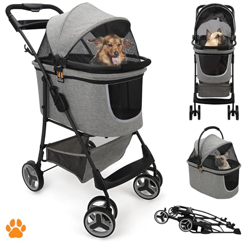 Modell CECE 2 in 1 Hundebuggy und Transportbox für Hunde | Faltbare Hundebox mit Extrakorb für Einkäufe oder Tierbedarf | Nutzung als Hundewagen oder sicherer Tragekorb – Grau-Melange