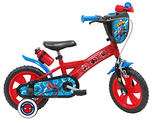 Atlas Jungen 12 Zoll Spiderman Fahrrad mit 1 Bremse, Dekorativer Frontplatte, Schlammschutz, Gehäuse und Stabilisatoren, Schutzblech, rot, 12''