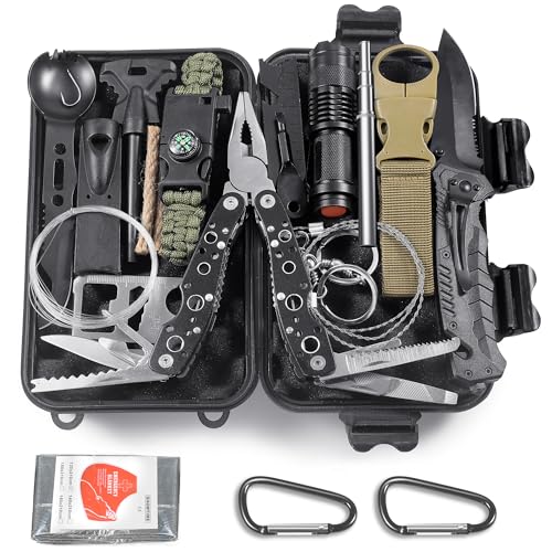 Graxury 14 in 1 Survival Kit Mehrzweck-Survival-Kit, Erste-Hilfe-Set für Outdoor-Sport, Camping, Bergsteigen, Feuerstein/Thermodecke/Pfeife (Messer & Zange)