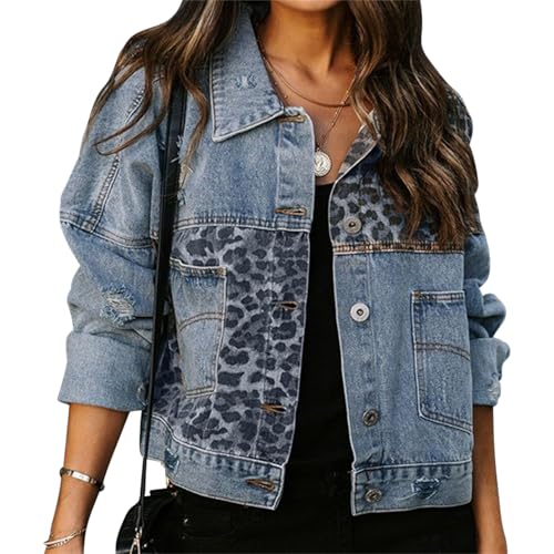 FStory&Winyee Damen Vintage Jeansjacke Erwachsene Leopard Denim Jacken Übergangsjacke mit Tasche Streetwear für Freizeit Alltag Geschenk Abend Dating Wandern Arbeit Zuhause, Blau, XL