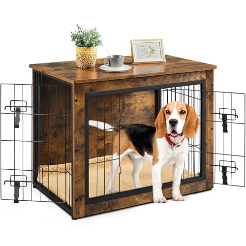 Yaheetech Hundekäfig Möbel mit Hundedecke & 2 Türen, Hundebox für Zuhause, Moderne Hundehütte Indoor bis zu 61 kg, Hundebox Holz für Wohnzimmer, 80x56x64 cm, Braun