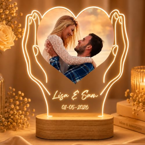 Meinearmbänder Beleuchtetes Acrylglas Personalisiert mit Foto, Name & Datum – LED Geschenk für Paare | Jahrestag, Hochzeit, Valentinstag