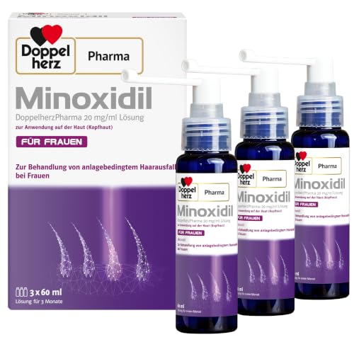 Minoxidil DoppelherzPharma 20mg/ml (2%) Lösung zur Anwendung auf der Haut (Kopfhaut) – Arzneimittel zur Behandlung von anlagebedingtem Haarausfall bei Frauen (3x 60ml)