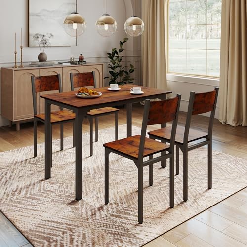 OC Orange-Casual 5-teilig Esszimmertisch Set, Esszgruppe für 4 Personen, Esstisch mit 4 Stühle aus MDF& Metall, Esszimmergruppe im Industrial-Look für Esszimmer, Küche, Vintagebraun (2 Packet)