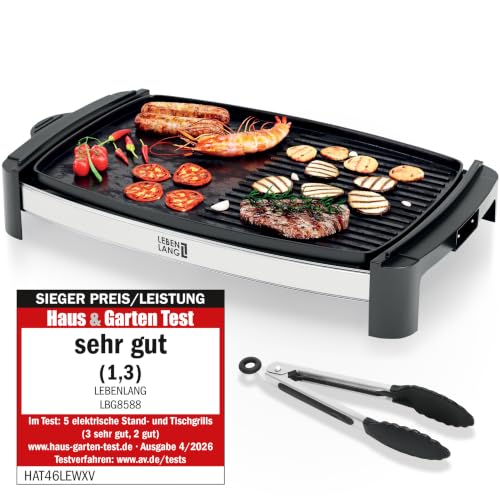LEBENLANG Tischgrill Elektrisch 2000W - Inkl. Grillzange I 45x30cm