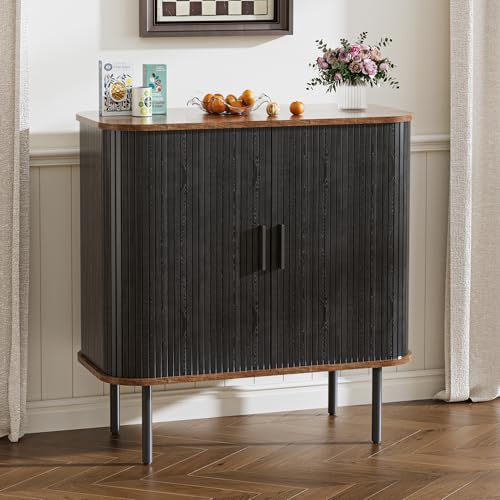 BonVache Sideboard, Buffet-Aufbewahrungsschrank für Wohnzimmer, Küchenschrank mit Tambour Schiebetür, Aufbewahrungseinheit für modernes Zuhause Esszimmer, Schwarz