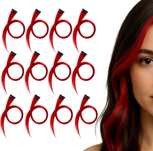 12 Stück Clip In Extensions, Haarsträhnen Zum Einklipsen, Hair Extensions Clip In, Rote Strähnen Zum Einflechten,Haar Extensions Für Party Und Festival, Kunsthaar Für Mädchen Und Frauen