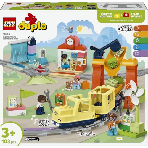 LEGO DUPLO Große interaktive Eisenbahn 10428 | Spielzeug ab 3 Jahren für Jungen & Mädchen, Schieb-Zug mit Licht & Sound, 16 Gleisstücke & 4 Figuren, Geschenk, 103 Teile