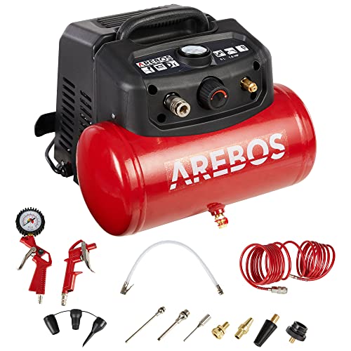Arebos 6L Druckluftkompressor Kompressor 1200W 8 bar 180 l/min Ansaugleistung | inkl. 13-tlg. Druckluft-Werkzeug-Set | Abschaltautomatik | Extra langer Luftschlauch | ölfrei | Luftkompressor 8 bar