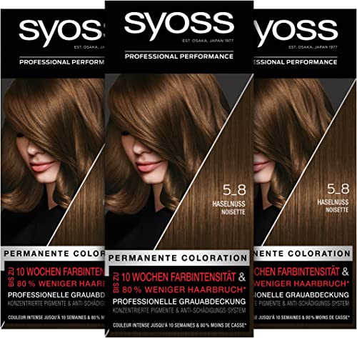 Syoss Color Coloration 5_8 Haselnuss Stufe 3 (3 x 115 ml), permanente Haarfarbe für bis zu 10 Wochen Farbintensität und 70% weniger Haarbruch*