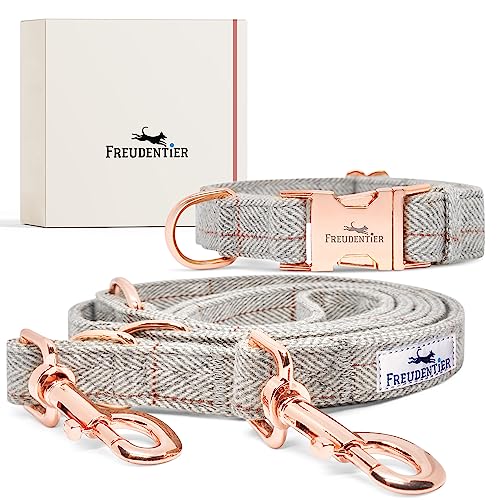 FREUDENTIER Hundehalsband und Hundeleine 2m im eleganten Set - Hundeleine verstellbar - Inkl. Geschenkbox - Für kleine, mittelgroße & große Hunde - Classic Kollektion, Das Original (37-58cm)