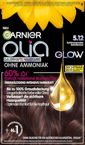 Garnier Dauerhafte Haarfarbe ohne Ammoniak mit pflegenden, natürlichen Ölen, Vollständige Grauhaarabdeckung, Olia Permanente Coloration, 5.12 Schimmerndes Samtbraun, 1 Stück