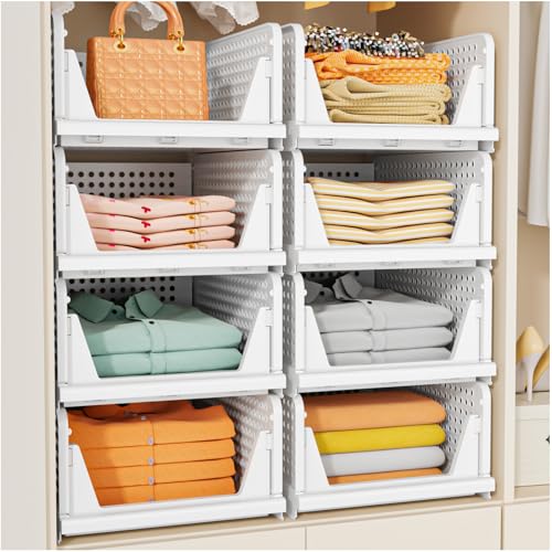 SNSLXH 5 Pack Stapelbar Schrank Kleiderschrank Organizer, Multifunktionale & Faltbare Organizer für Bad Küche Lagerung, Platzsparende Schublade aufbewahrungsbox, Weiß