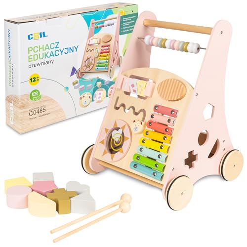 COIL Babywalker Lauflernwagen 3in1, Kinderwagen aus Holz, Lernspielzeug, ab 12 Monaten (Rosa)