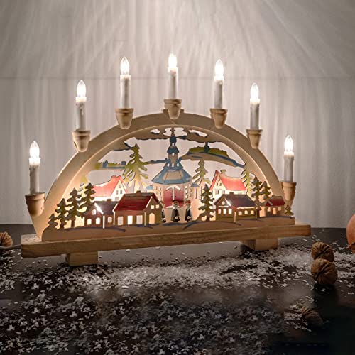 hellum Schwibbogen Weihnachten, Lichterbogen mit 10 Kerzen (+2 Ersatz) für Innen, Motiv Sternensänger aus Holz, mit Schalter und Stecker 6 cm, Lichterbogen Weihnachten Dekoration 875515