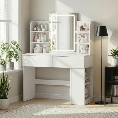 Devoko Schminktisch mit LED-Beleuchtung Spiegel, 3 Farben Verstellbarer Helligkeit, Frisiertisch mit 2 Schubladen, 4 Ablageböden, Modern, 90 x 40 cm für das Schlafzimmer, Weiß