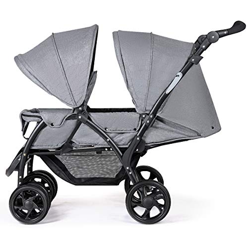 DREAMADE Geschwisterwagen Baby ab Geburt bis 15 kg, Zwillingskinderwagen Faltbar mit verstellbarer Liegeposition und Fußstützen, Zwillingsbuggy mit Verdeck & Sicherheitsgurt