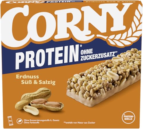 Müsliriegel Corny Classic Protein Erdnuss Süß & Salzig | 24% Protein | Proteinriegel mit gesalzenen Erdnüssen | Ohne Zuckerzusatz | Genuss für Sport, Büro und unterwegs | 4 x 25 g