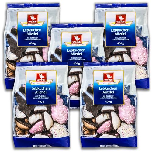5 er Pack Weiss Lebkuchen Allerlei 5x 400g Braune Lebkuchen-Mischung mit Glasur und Boden aus Zartbitterschokolade