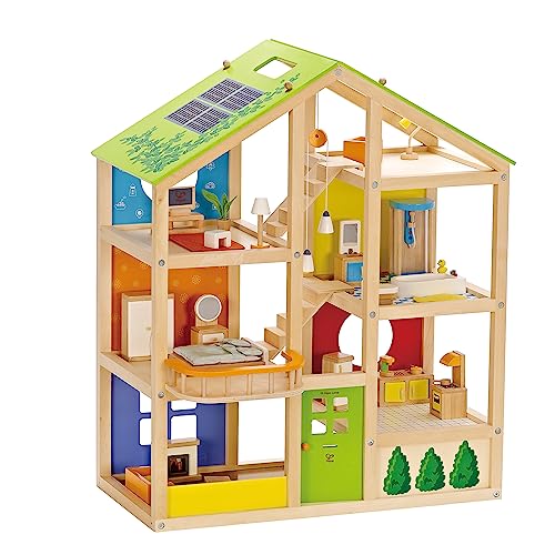 Hape Vier-Jahreszeiten Puppenhaus aus Holz Preisgekröntes dreistöckiges Puppenhaus mit Mobiliar, Zubehör, verschiebbaren Treppen und wendbarem Dach für Jede Jahreszeit