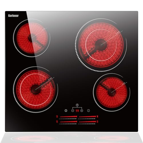 Karinear Keramik Kochfeld 60 cm mit Lichtstreifen-Schieberegler, Glaskeramikkochfeld 4 Platten mit Dual-Ring-Kochzonen, Herdplatte 4 Kochfelder Einbau mit Kindersicherung, Timer, 220-240V, 6600W