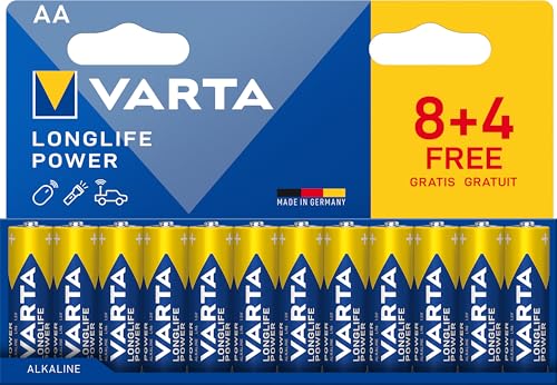 VARTA Batterien AA, 12er Pack (8+4), Longlife Power - Alkaline Mignon Batterien LR6 mit 1,5 V - Made in Germany - für energieintensive Geräte