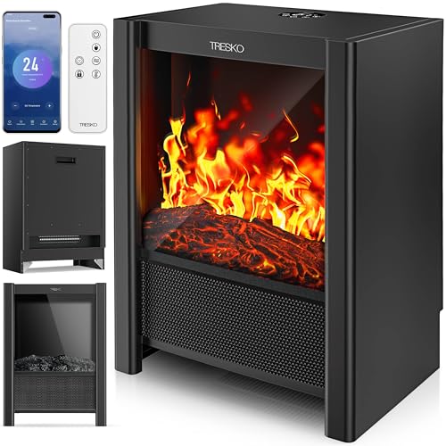 TRESKO® Elektrokamin mit Heizung & Fernbedienung 2000W, WiFi App | Kamin elektrisch LED-Flammeneffekt & LCD-Display | Kaminfeuer mit Thermostat, Timer | Elektro Kaminofen Standkamin Heizlüfter