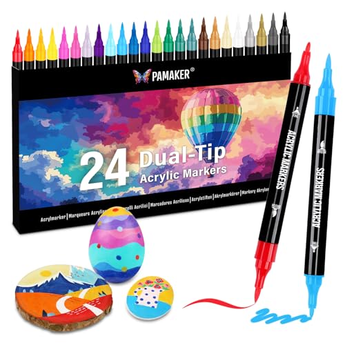 Pamaker 24 Farben Acrylstifte Set – Acrylmarker mit feiner Spitze und Pinsel für Stoff, Leinwand, Glas, Holz und Papier – Ideal für Kinder und Erwachsene, zum Zeichnen und DIY-Bastelprojekte