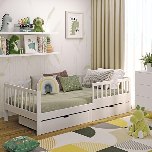 CADANI Nik Kinderbett 90x200 cm mit 2 Schubladen – Juniorbett & Jugendbett mit abnehmbarem Rausfallschutz, bis 200 kg belastbar, extra stabiles Einzelbett inkl. Roll-Lattenrost - weiß