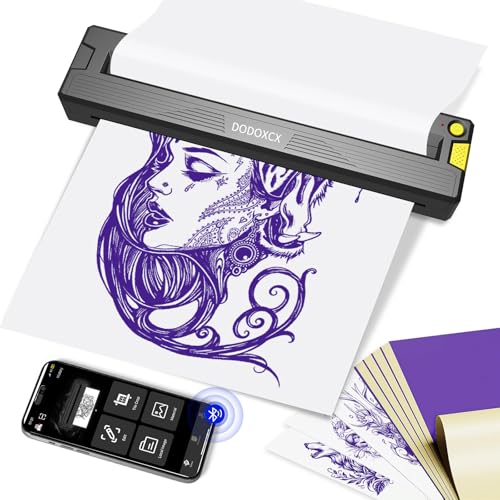 DODOXCX Tattoo-Schablonendrucker-Maschine für Tattoo-Anfänger & Künstler, mit 3 Stück Tattoo-Transferpapier, tragbarer kabelloser Bluetooth-Thermo-Tinte-loses Tattoo-Drucker kompatibel mit Telefon/PC