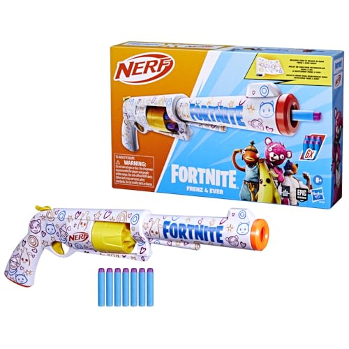 Nerf Fortnite Frenz 4 Ever Dart-Blaster mit Beste-Freunde-Lackierung, mit 6 Schaumstoff-Darts und Abschussvorrichtung und Spannhebel, Outdoorspielzeug und Weihnachtsspielzeug für Kinder