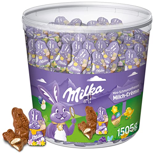 Milka Mini Schmunzelhasen – Kleine Osterhasen aus feiner Alpenmilch-Schokolade mit Milchcréme-Füllung – Großpackung – 1505g