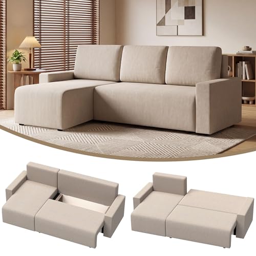 HOMCOM Ecksofa mit Schlaffunktion, L-Form 3-Sitzer Sofa mit Umkehrbarer Chaiselongue 2-in-1 Schlafsofa aus Veloursbezug Schlafcouch für Wohnzimmer, Beige, Hergestellt in der EU