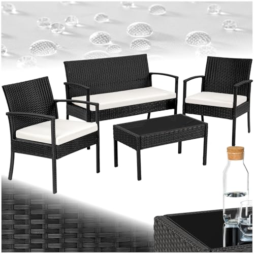 tectake® Poly Rattan Gartenmöbel wetterfest, Gartenset mit 2X Sessel, 1x Gartenbank, 1x Tisch, Outdoor Lounge Möbel Set für Garten, Terrasse und Balkon - schwarz
