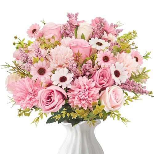 TINA 4 Bündel Künstliche Blumen Rosen Blumenstrauß, Kunstblumen wie Echt Künstliche Pfingstrose, Kunstrosen Seidenblumen Frühlingsdeko Fake Blumen Pflanzen Deko für Hochzeit Tischdeko Party