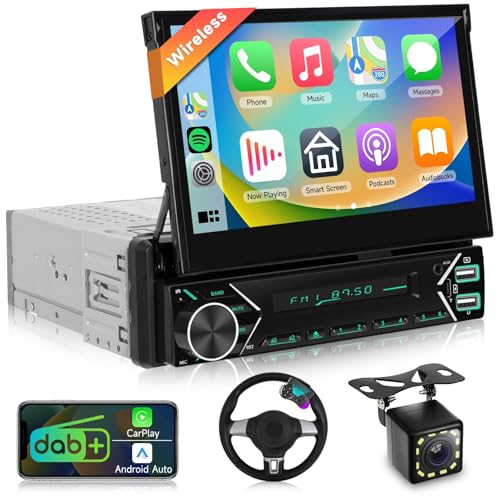 Single-Din-DAB+-Autoradio mit kabellosem CarPlay Android Auto, 7-Zoll-Radio mit automatisch einziehbarem Bildschirm, 1-DIN-Radio BT/Lenkradsteuerung/Mirror Link/EQ/USB-C+Rückfahrkamera