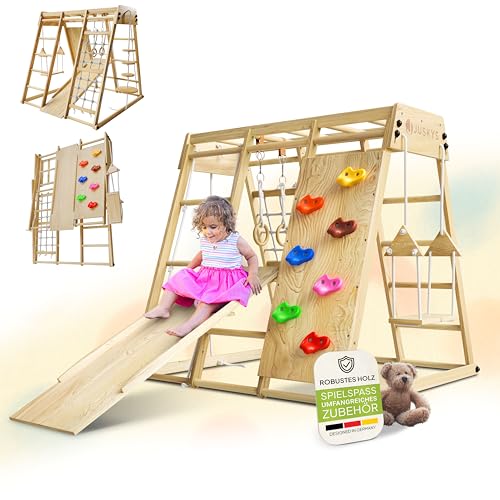 Juskys Maxi Klettergerüst für Kinder - Indoor Spielplatz mit Rutsche, Kletterwand, Kletternetz & Schaukel - Holz Kletterturm klappbar - Natur