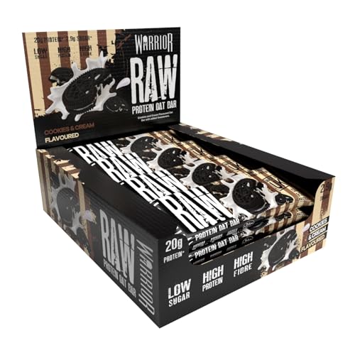 Warrior Raw Proteinriegel 12 x 75 g – Ballaststoffreicher Haferriegel mit Protein, High Protein Snack ohne Zucker, Natürlicher Haferflocken Riegel mit Präbiotika – Kekse & Sahne