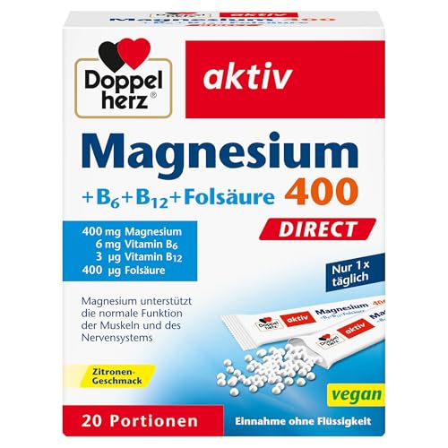 Doppelherz Magnesium 400 + B6 + B12 + Folsäure DIRECT - Magnesium unterstützt die normale Funktion der Muskeln und des Nervensystems - 20 vegane Portionen