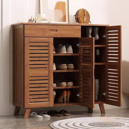 angrounps Schuhschrank aus Bambus mit 3 Türen, Platzsparender Schmal Schuhablage Hoch, 4 Ebenen Schuhregal,Shoe Cabinet Flurschrank für Diele Flur Wohnzimmer, 96x33x90cm