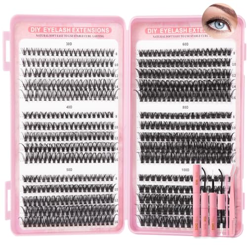 Inexorablex Wimpern Extensions Set, 8-16mm Cluster Lash Extension Set mit Lash Bond and Seal, Wimpern Pinzette- 570 PCS（30D 40D 50D 60D 80D 100D）