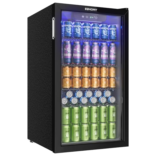 EUHOMY Getränkekühlschrank, Mini-Kühlschrank für 126 Dosen mit Glastür, kleiner Kühlschrank mit verstellbaren Regalen für Limonade, Bier oder Wein, für Zuhause/Bar/Büro, Schwarz Edelstahl