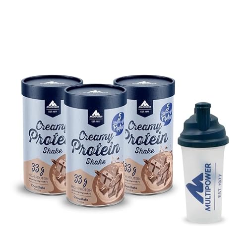 Multipower Creamy Protein Shake 3 x 420 g + Shaker – Mehrkomponenten Proteinpulver mit Whey & Casein, bis zu 33 g Eiweiß, Shake für Muskelaufbau (Schokolade)