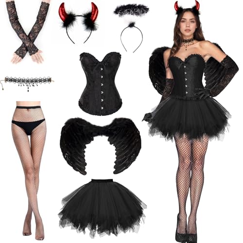 HUIKUANGEU Tüllrock,Teufel Kostüm,Engel und Teufel Flügel Kostüm,Halloween Kostüm Damen,Damen Schnürkorsett Top,Schwarz Engel Kostüm,Teufelsflügel Deko,für Karneval,Fasching,Mottoparty,Halloween
