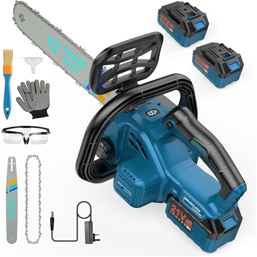 12 Zoll bürstenlose Kettensäge, kompatibel mit Makita 18V Akkus, kabellose Elektro-Gartensäge inkl 2 × 4,0 Ah Akku und Ladegerät, automatische Schmierung für Gartenbeschneidung und Holzschneidarbeiten