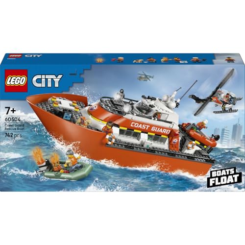 LEGO City Rettungsboot der Küstenwache mit Hubschrauber 60504 | Spielzeug ab 7 Jahren für Jungen, 5 Minifiguren und Hundefigur, Set mit schwimmendem Schiff, Geburtstagsgeschenk, 742 Teile